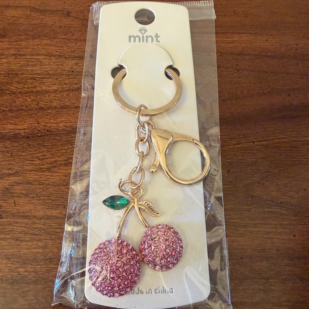 Cherry Bag Charm or Keychain with Pink Crystals & Gold Hardware